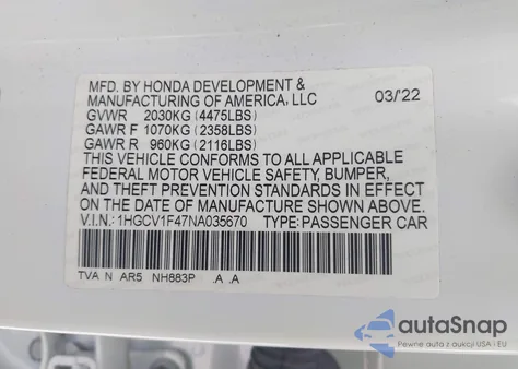 2022 Honda Accord Sport Special Edition из США, поврежденный, VIN 1HGCV1F47NA035670